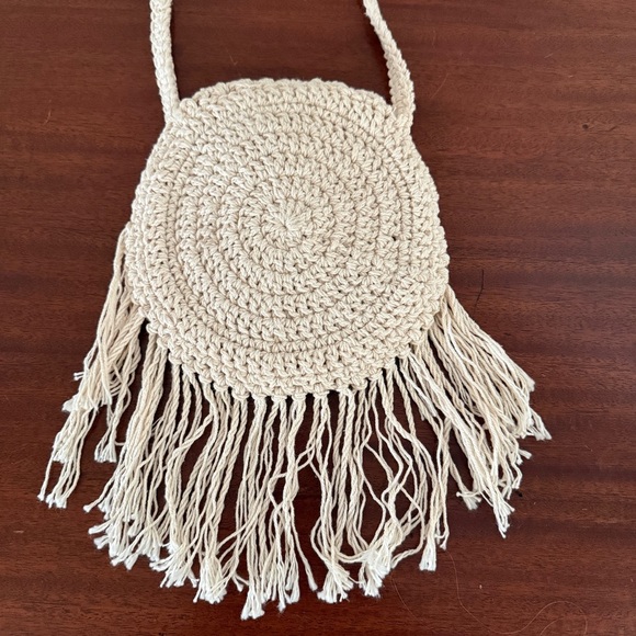 Macrame Round Crossbody Bag with Fringe - Cream - Picture 3 of 8